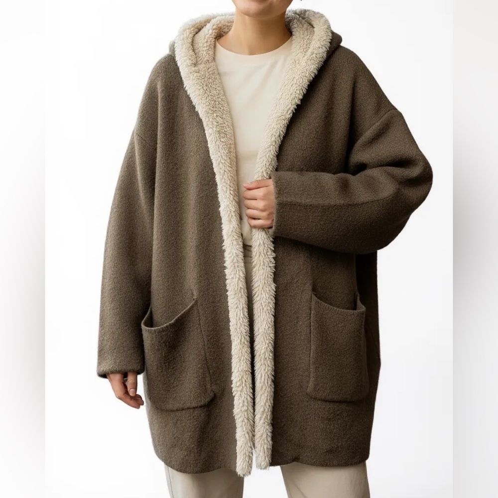 Zara Knit Oversized Open Front Hooded Sweater Cardigan Jacket Size Small